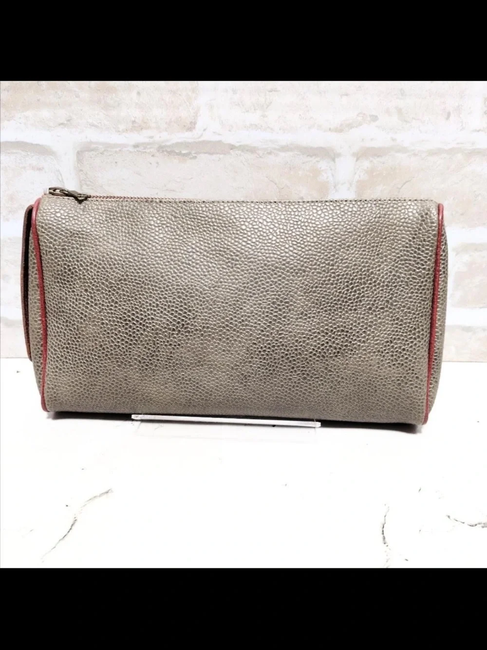 Mulberry Pebbled Leather Zip Pouch in Taupe with Red Accents